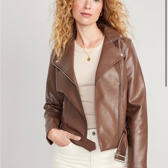Large brown faux leather jacket with belt - Picture 5 of 6
